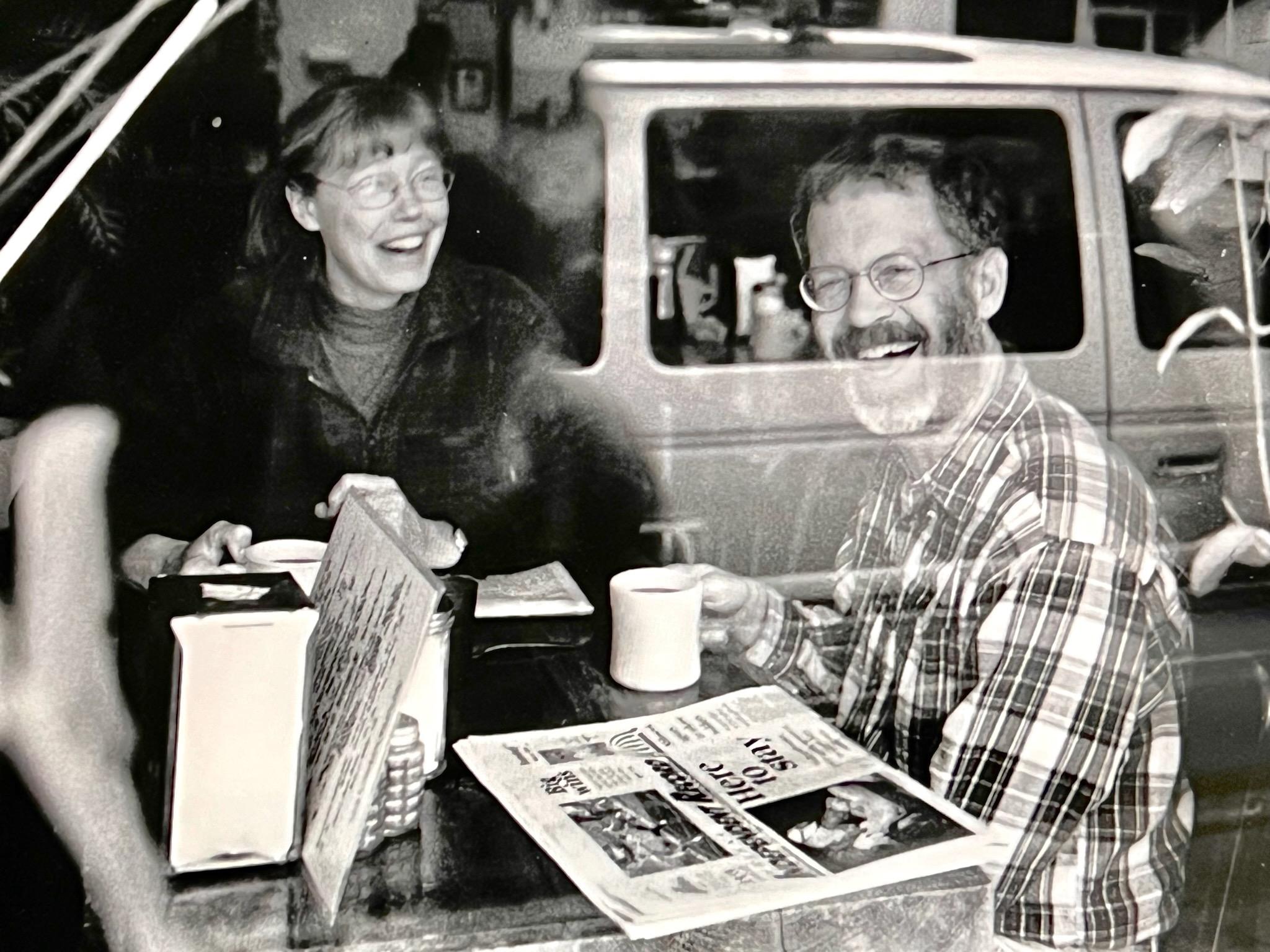 Photo by Jerry Cooper of Jan Novy and Paul Cartwright at the No Sweat Cafe´(circa 2000) 